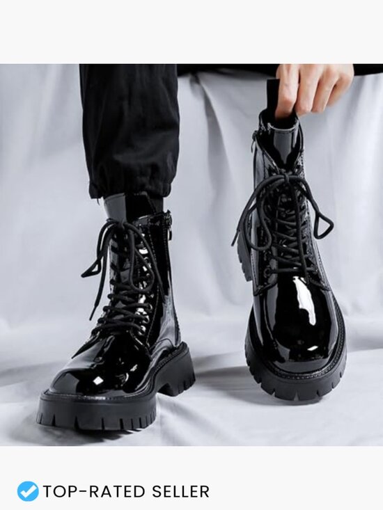 Men\'s Patent Leather Platform Combat Boots Lace Up Side Zipper Chunky Lug Sole main image 6